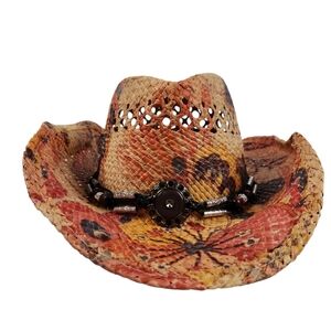 Pugs Painted Raffia Straw Cowboy Western Cowgirl Hat Beaded Metal Band Womens OS
